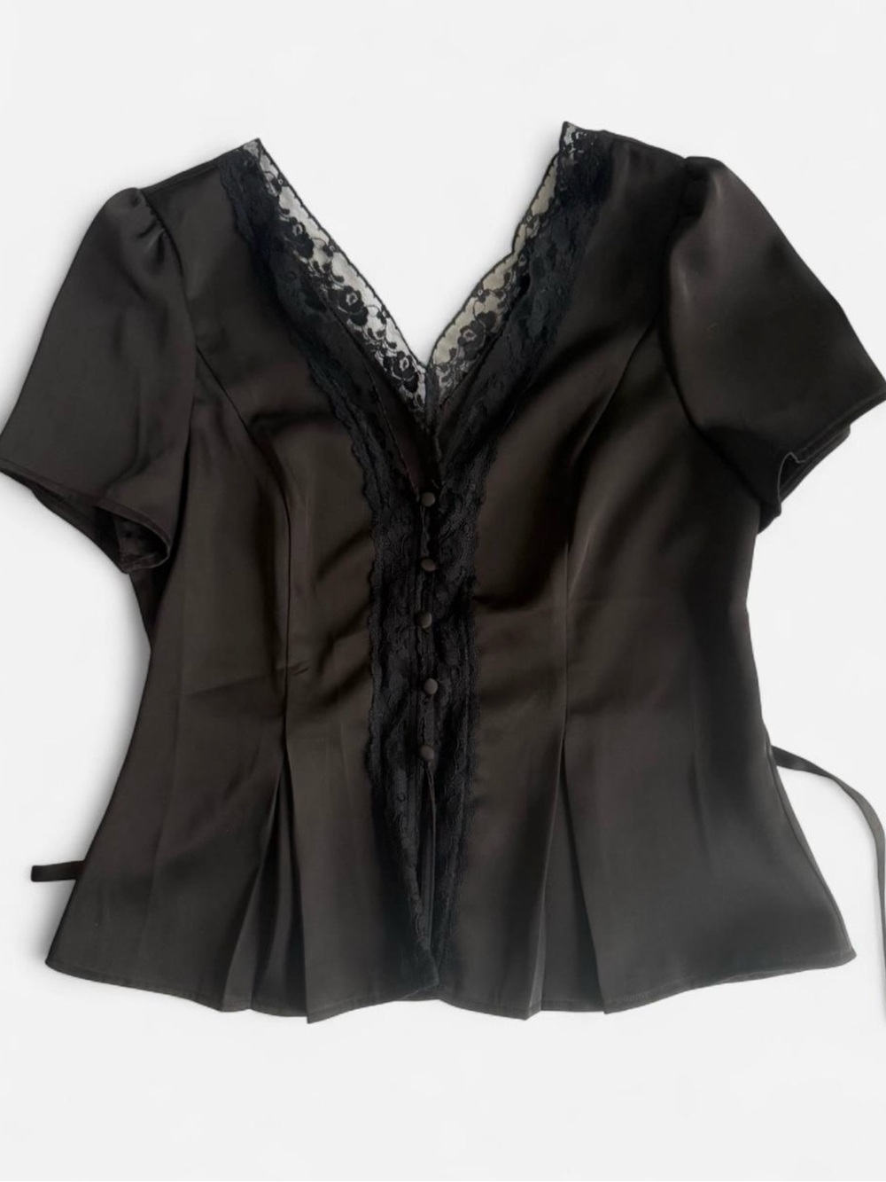 Kinsley + Zoey Black Lace Trim Blouse - Size M - Button Front V-Neck - NWT
